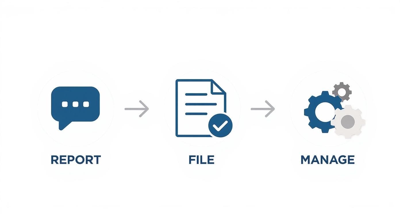 An infographic showing the WSIB claims process with three steps: Report (speech bubble icon), File (document icon), and Manage (gears icon).
