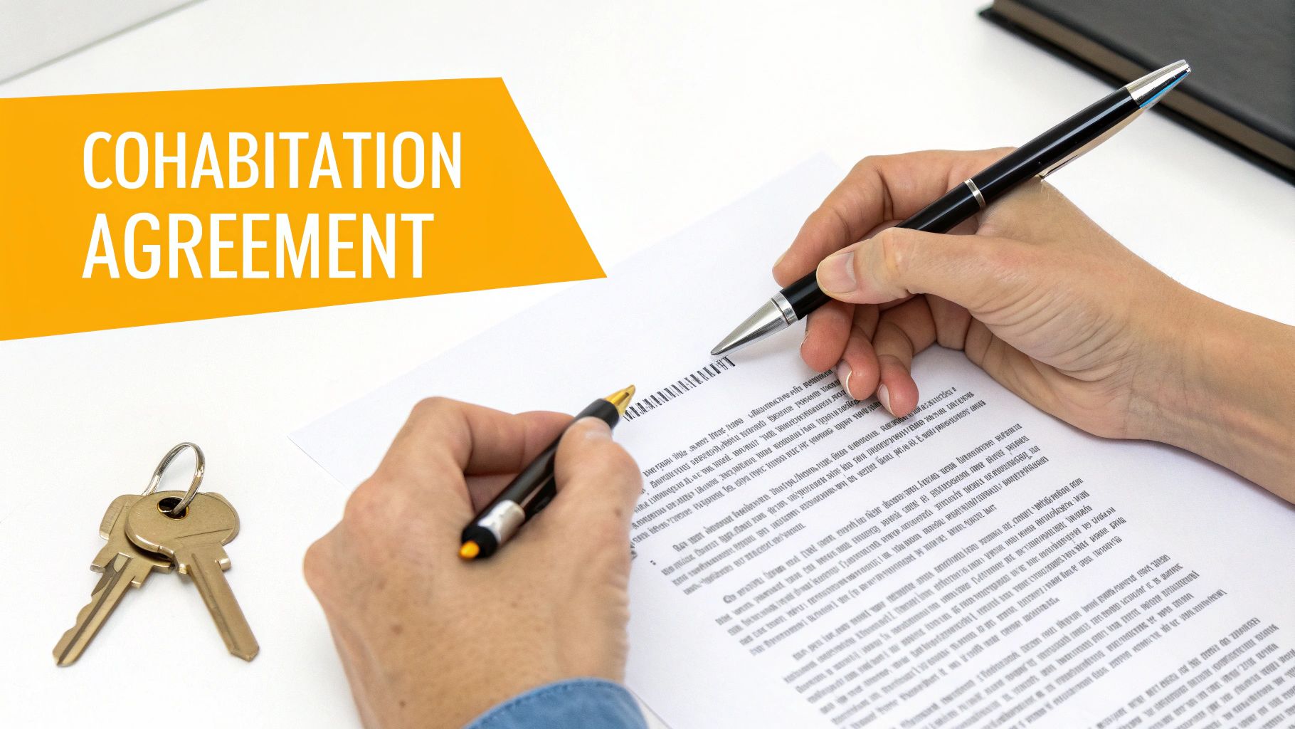 Two people's hands signing a cohabitation agreement document with pens, keys on a table.