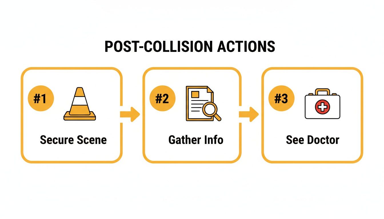 Infographic illustrating three post-collision actions: secure scene, gather information, and see doctor.