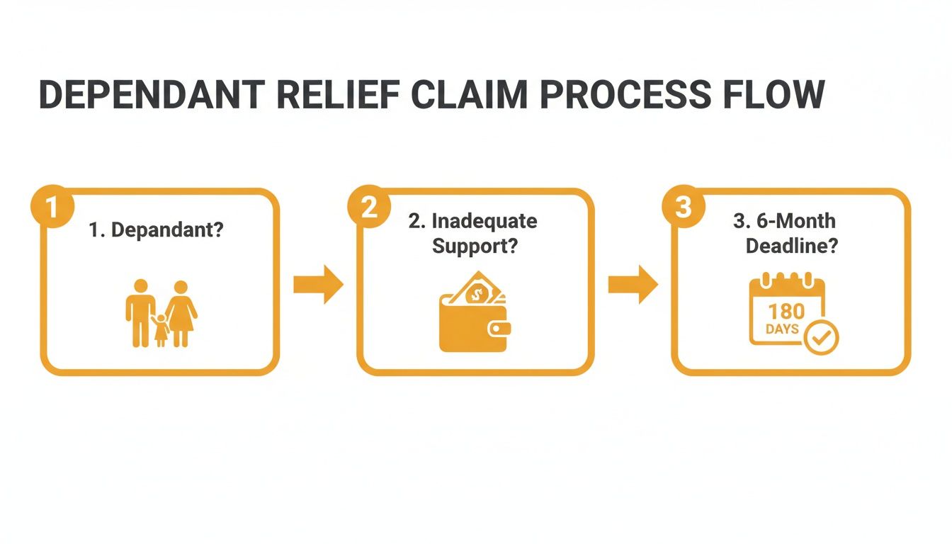 Infographic illustrating the dependant relief claim process flow with three key steps: dependant status, inadequate support, and a 6-month deadline.