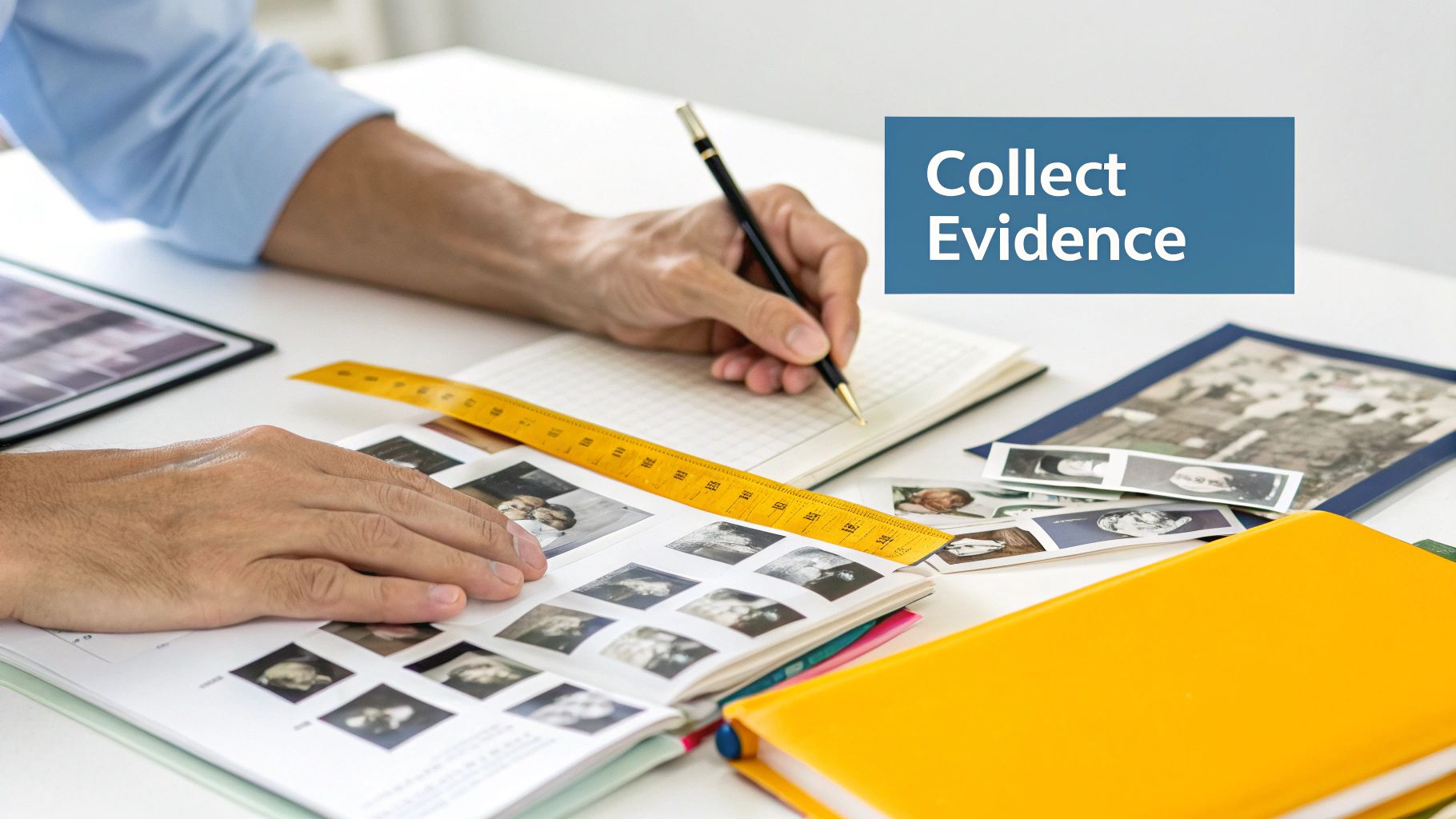 A magnifying glass focuses on a document, symbolizing the detailed investigation needed to establish fault in a legal case.
