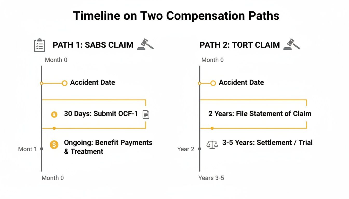 Timeline diagram comparing SABS Claim and Tort Claim compensation paths, showing accident date, filing, and payment durations.