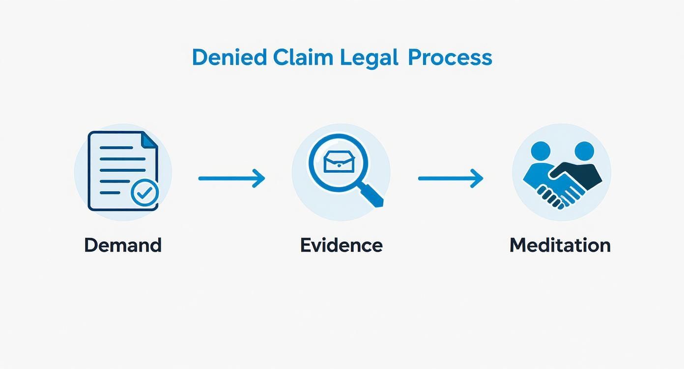 Three-step denied claim legal process showing demand document, evidence review, and mediation agreement stages