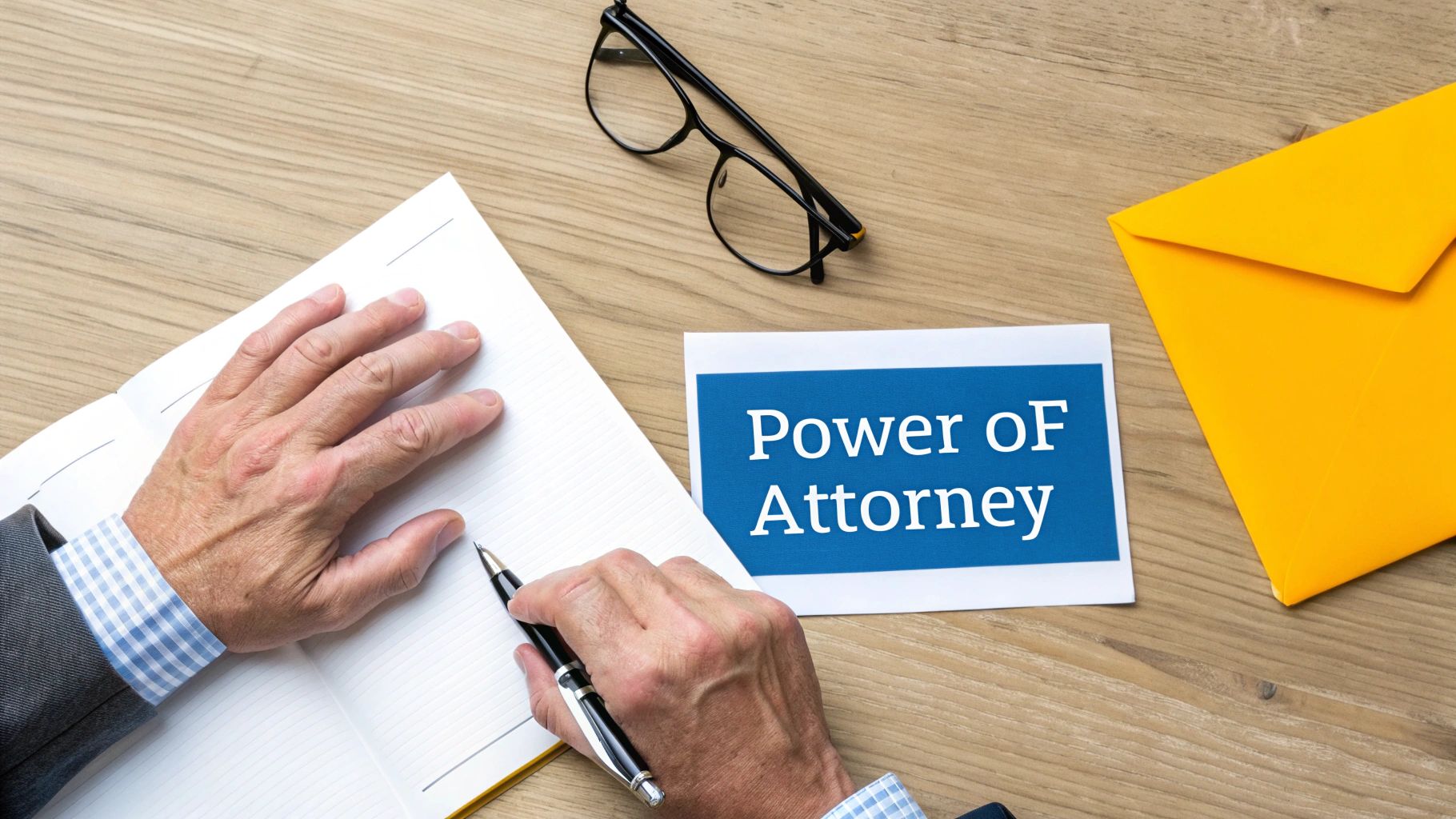 Hands signing a document for power of attorney with glasses and a yellow envelope on a wooden desk.