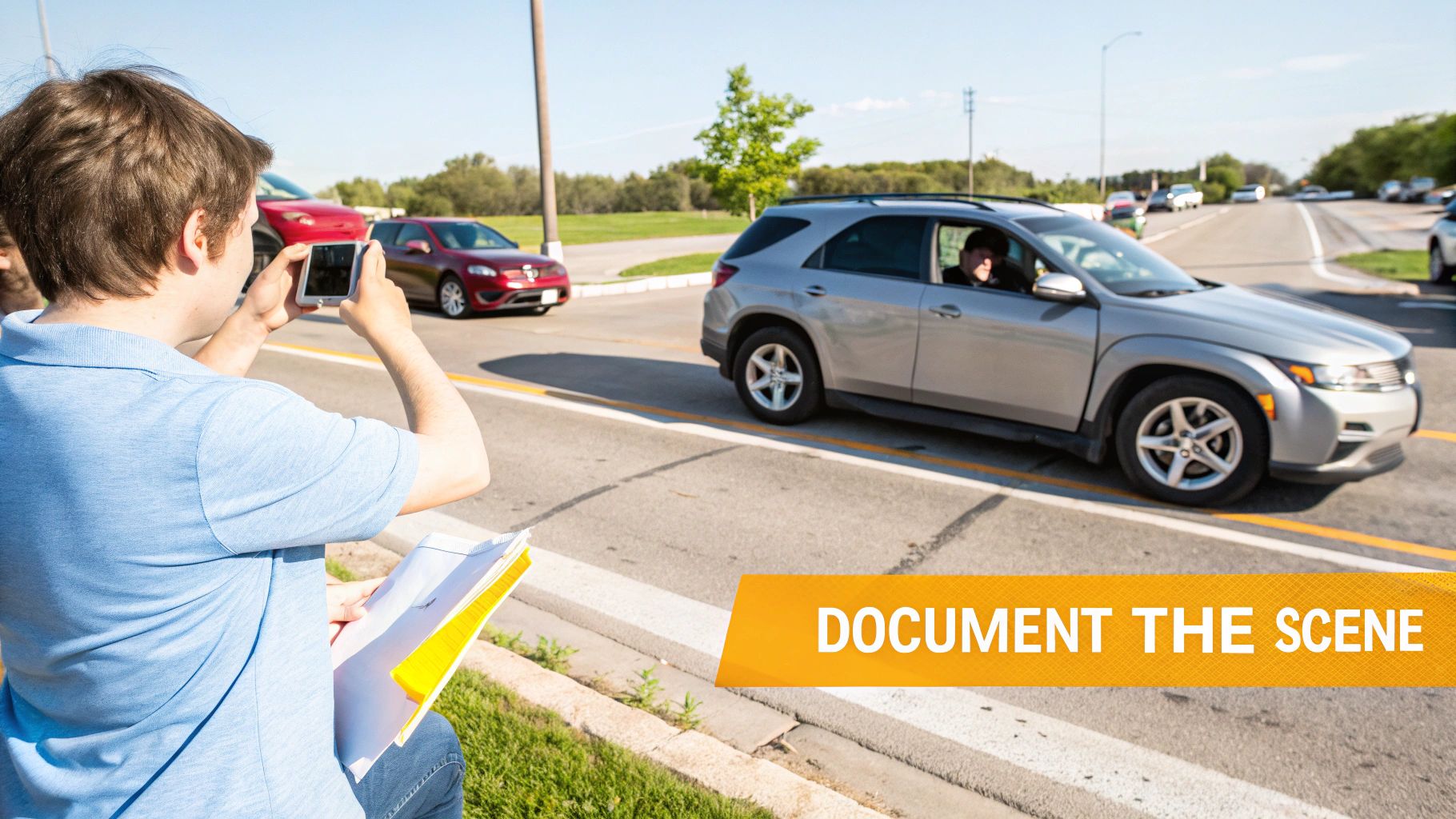 A person documents a car accident scene with a smartphone, capturing details of vehicles on a sunny road.