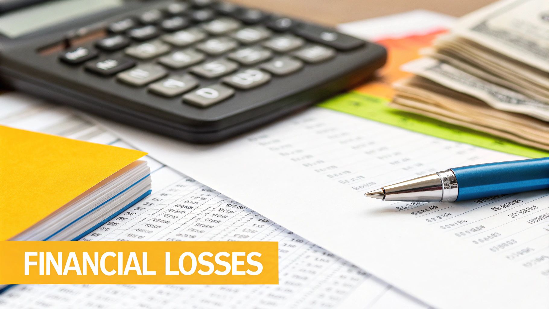 A close-up of a calculator, stack of money, pen, and financial documents, indicating financial losses.