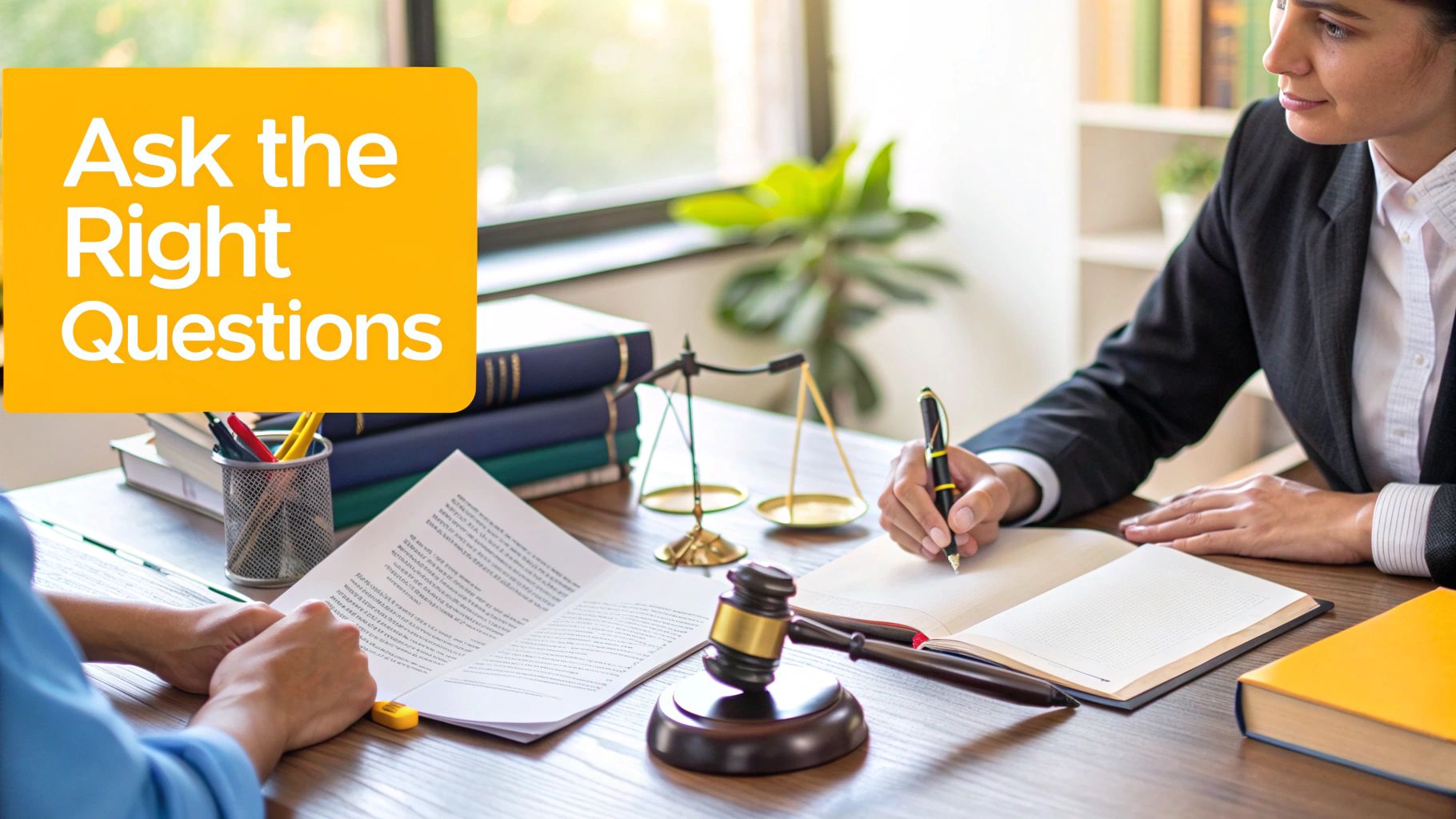 A lawyer in a modern office meeting with a client, both looking at a document on a desk.
