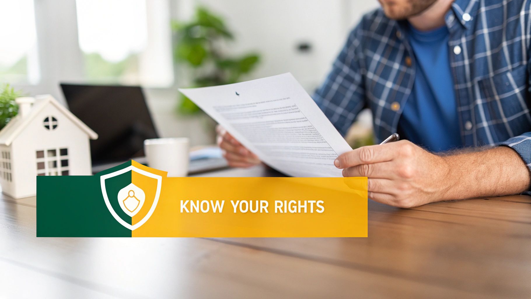 Man reviewing legal documents for a house, next to a 'Know Your Rights' shield logo.