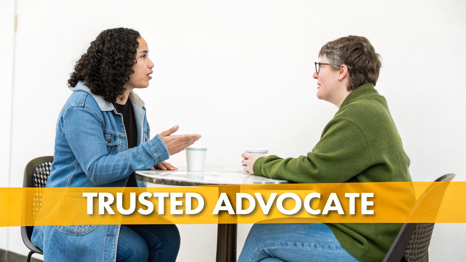 Two people discuss a topic at a table, with 'Trusted Advocate' text overlay.