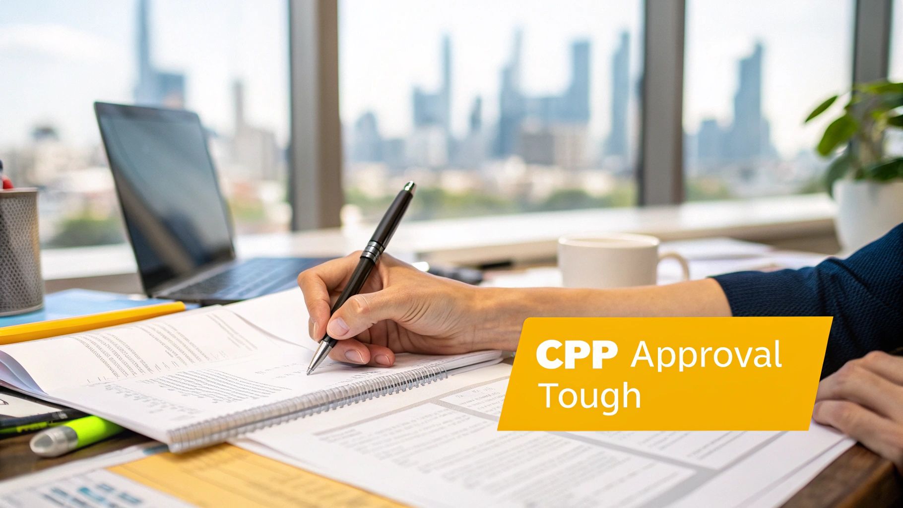 A person sitting at a desk, looking overwhelmed by a large stack of paperwork, representing the complex CPP disability application process.