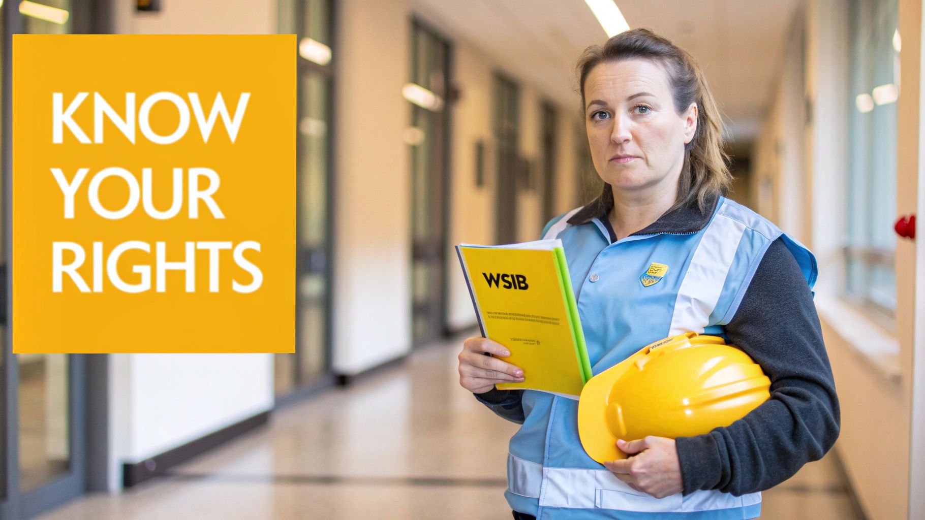 A woman in a blue work vest holds a yellow hard hat and a WSIB booklet, with a "KNOW YOUR RIGHTS" sign to her left.