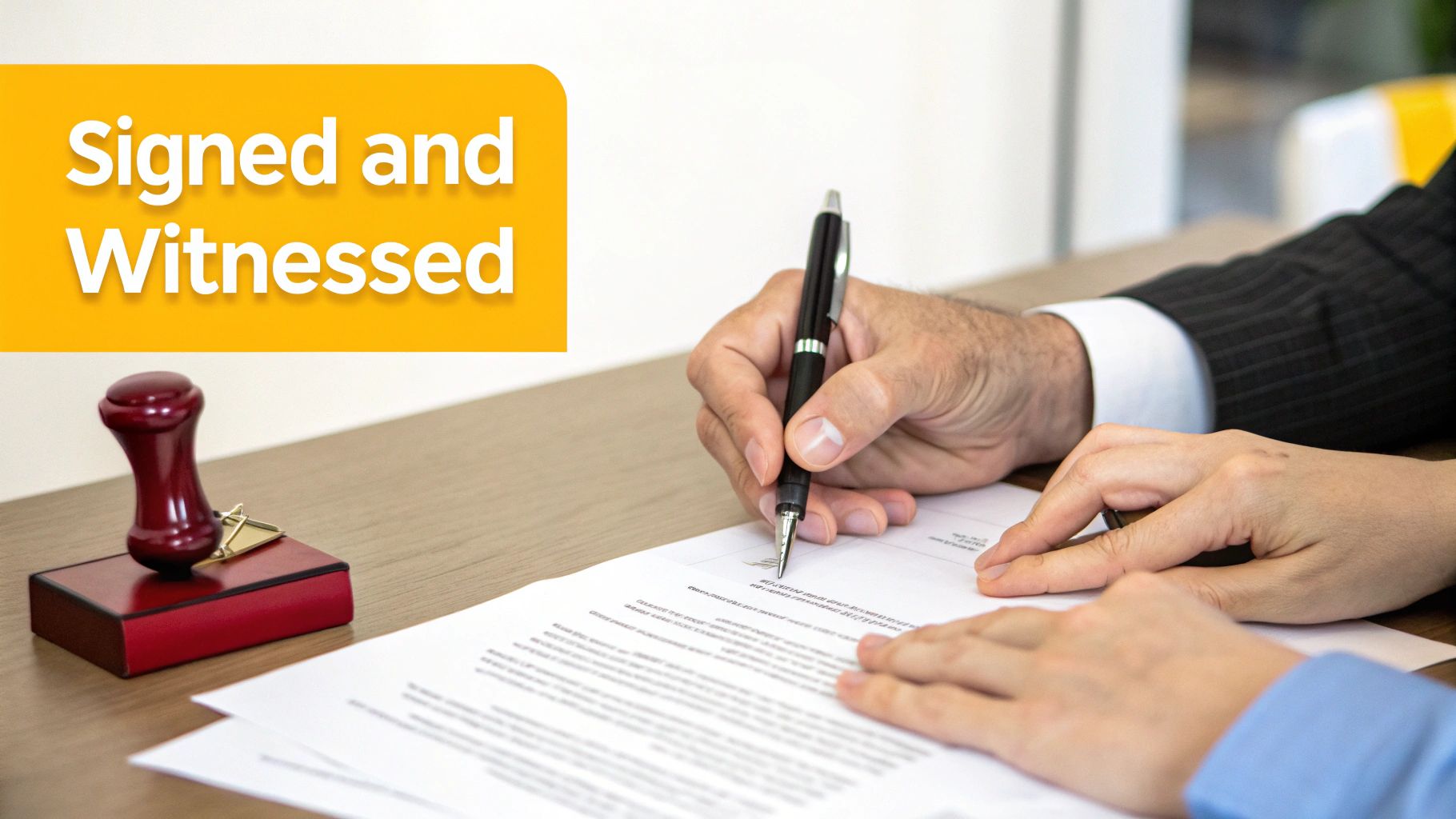 A close-up shows a hand signing a document with a pen, another person's hands nearby, and a red stamp.