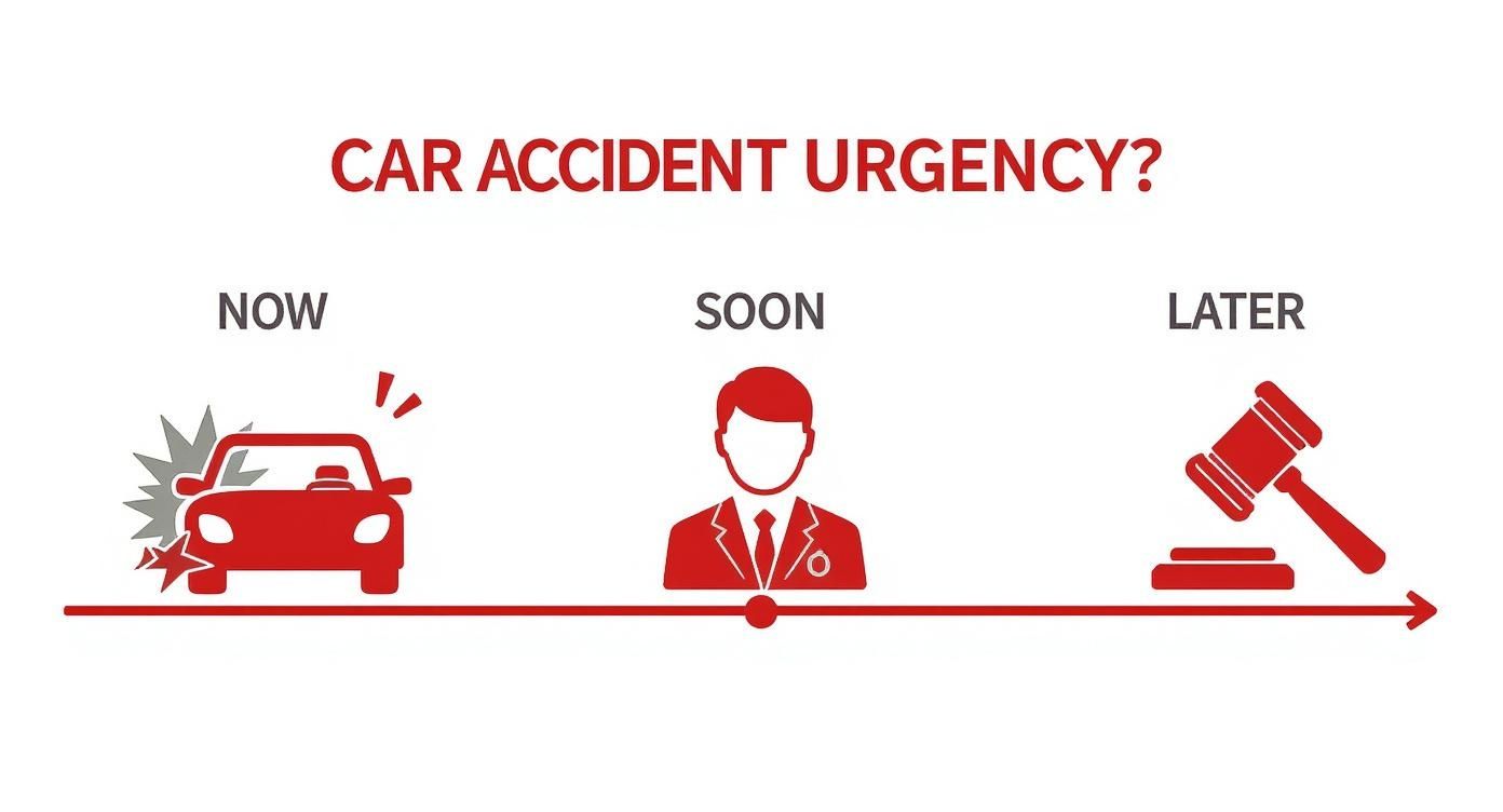 Infographic illustrating the urgency of a car accident, from impact to seeking legal assistance and court.