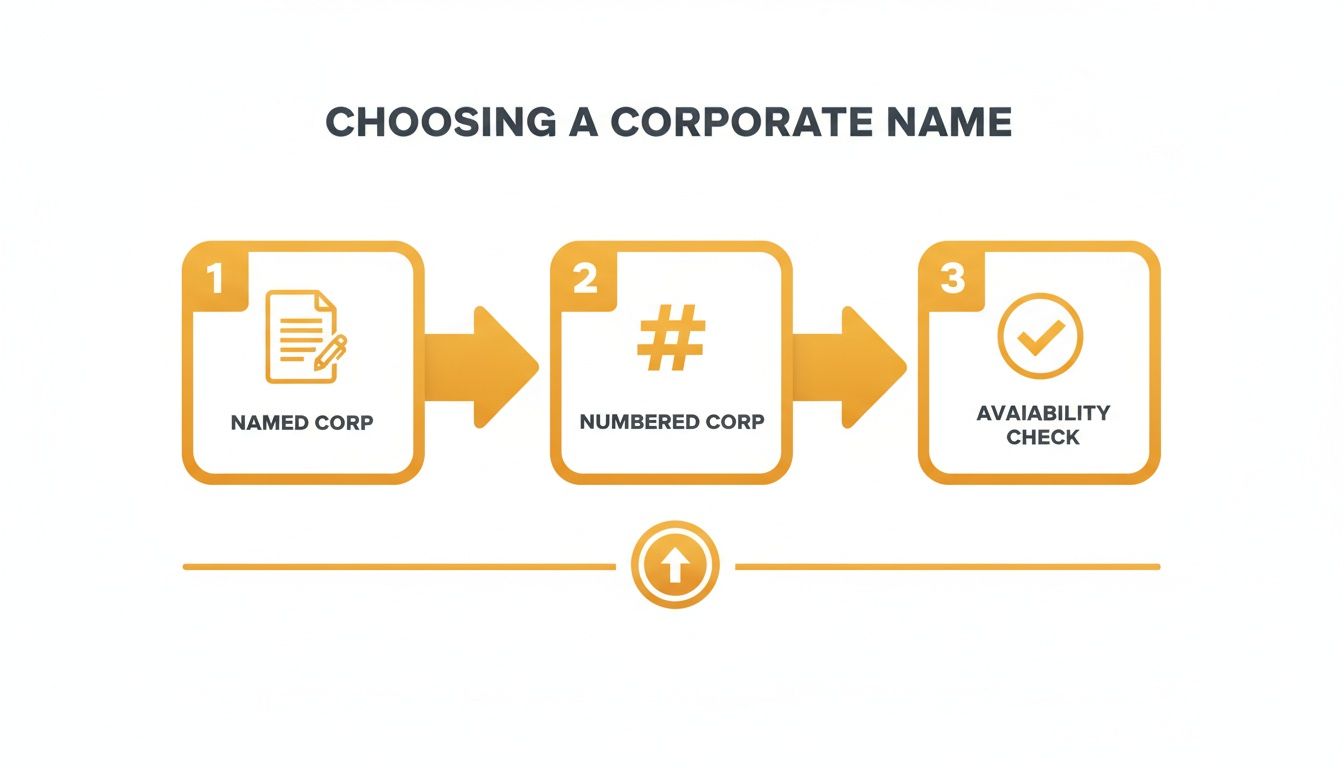 Diagram illustrating three steps for choosing a corporate name: named, numbered, and availability check.