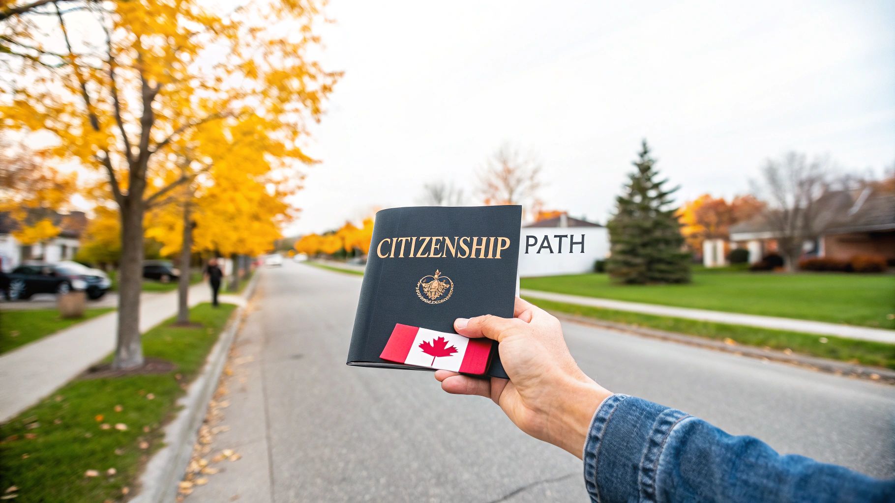 A hand holds a black book titled 'CITIZENSHIP PATH' and a Canadian flag on an autumn street.