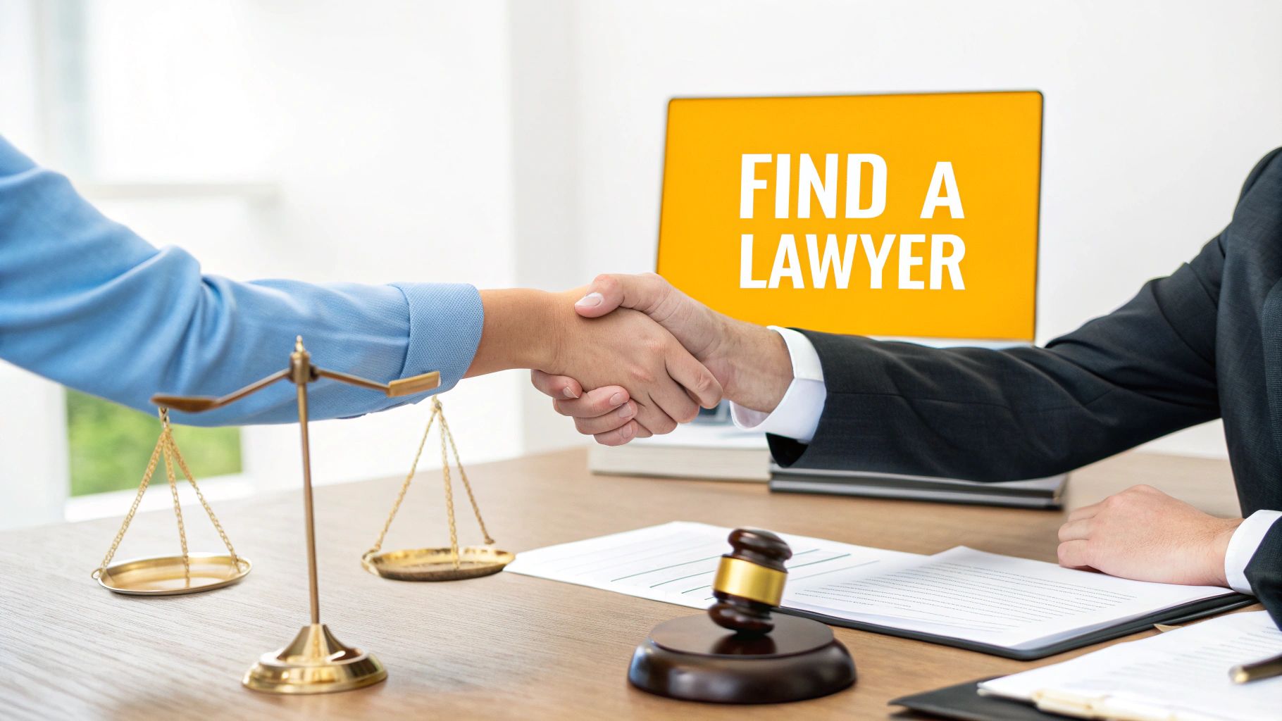 Client and lawyer shaking hands during legal consultation with gavel and scales on desk