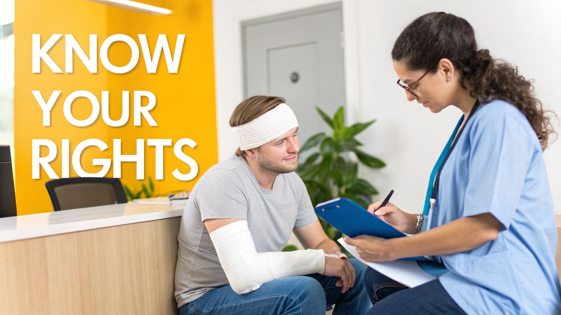 An injured man with a head bandage and arm cast consults with a woman in scrubs, likely for a worker's compensation claim.