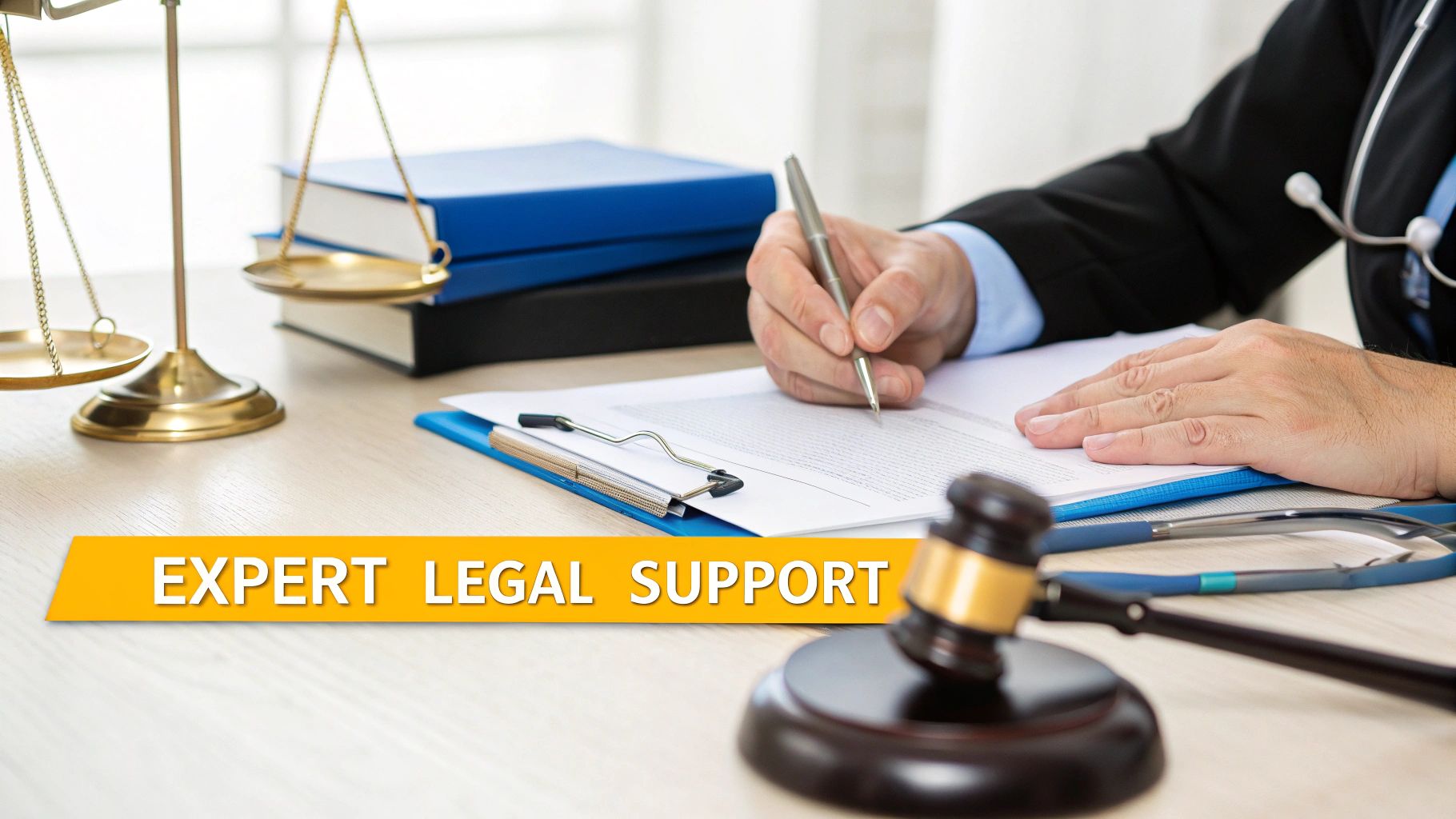 A lawyer consults with a client in a bright, modern office.