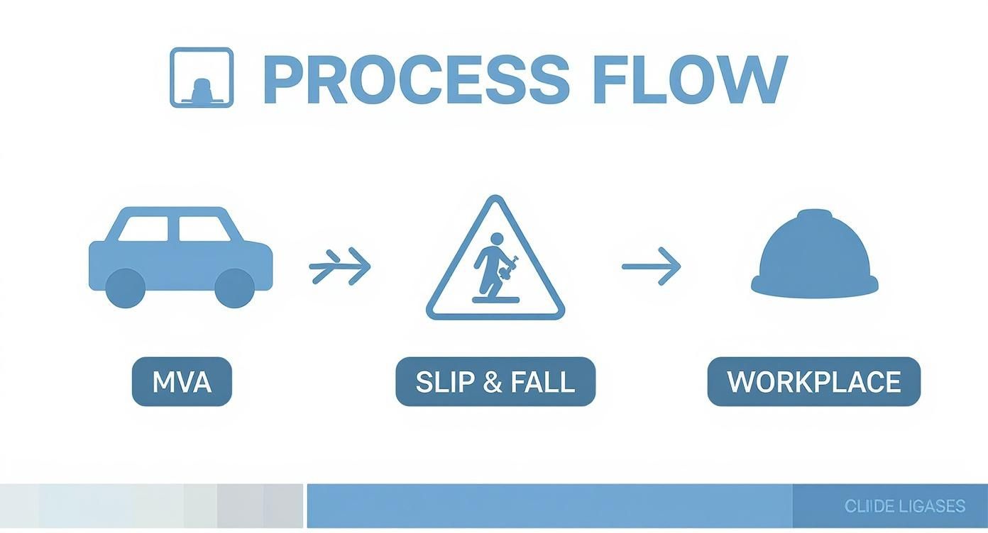 Process flow diagram illustrating common personal injury accident types like MVA, slip & fall, and workplace incidents.