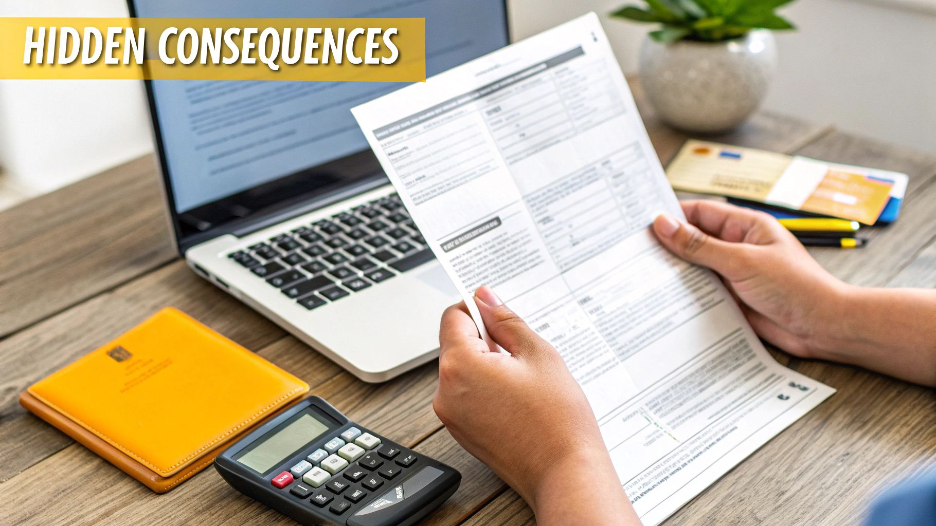 Person reviewing legal or financial documents at a desk with a laptop and calculator.