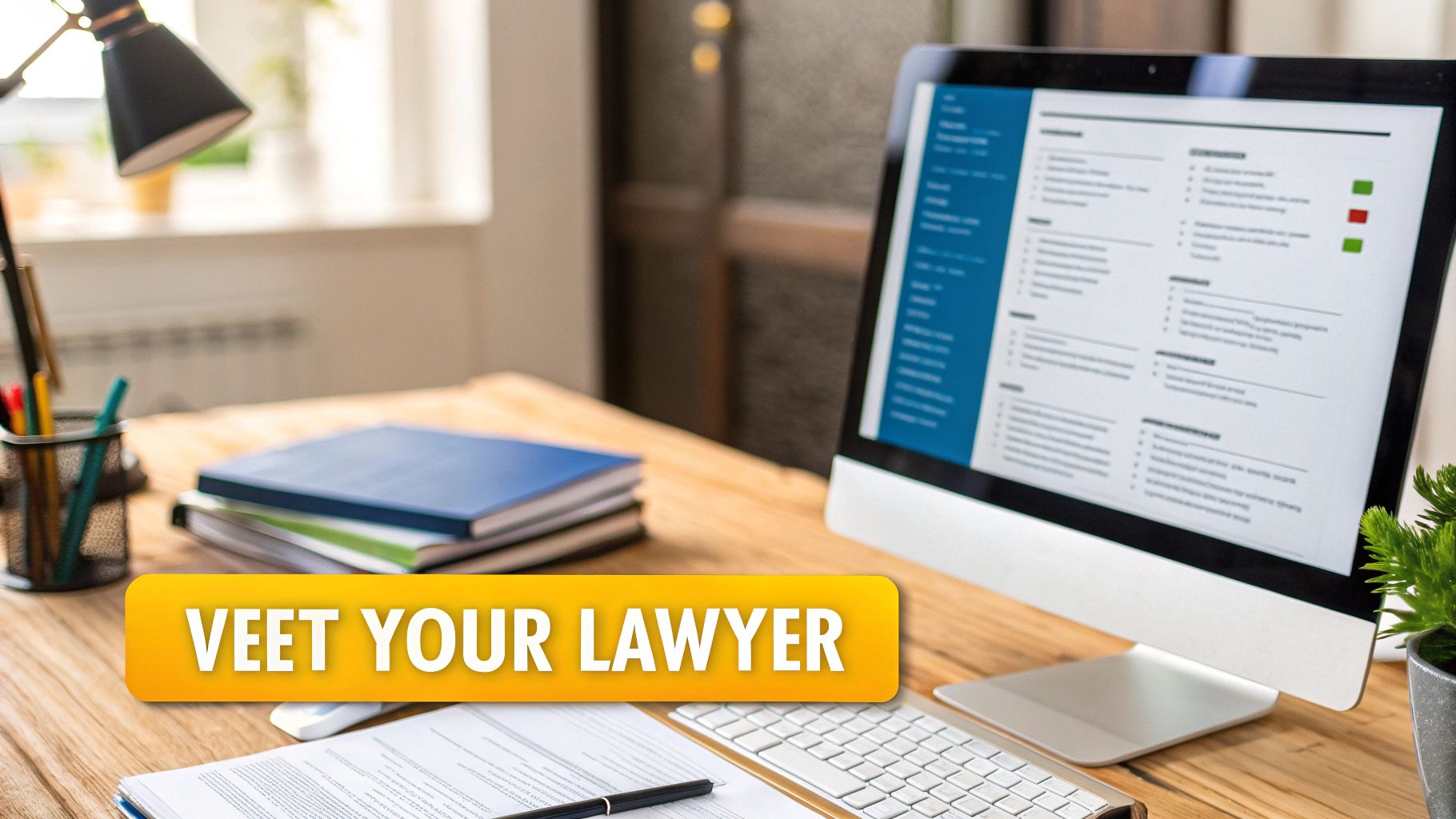 A professional lawyer in a modern office, symbolizing the vetting process for legal representation in Burlington.