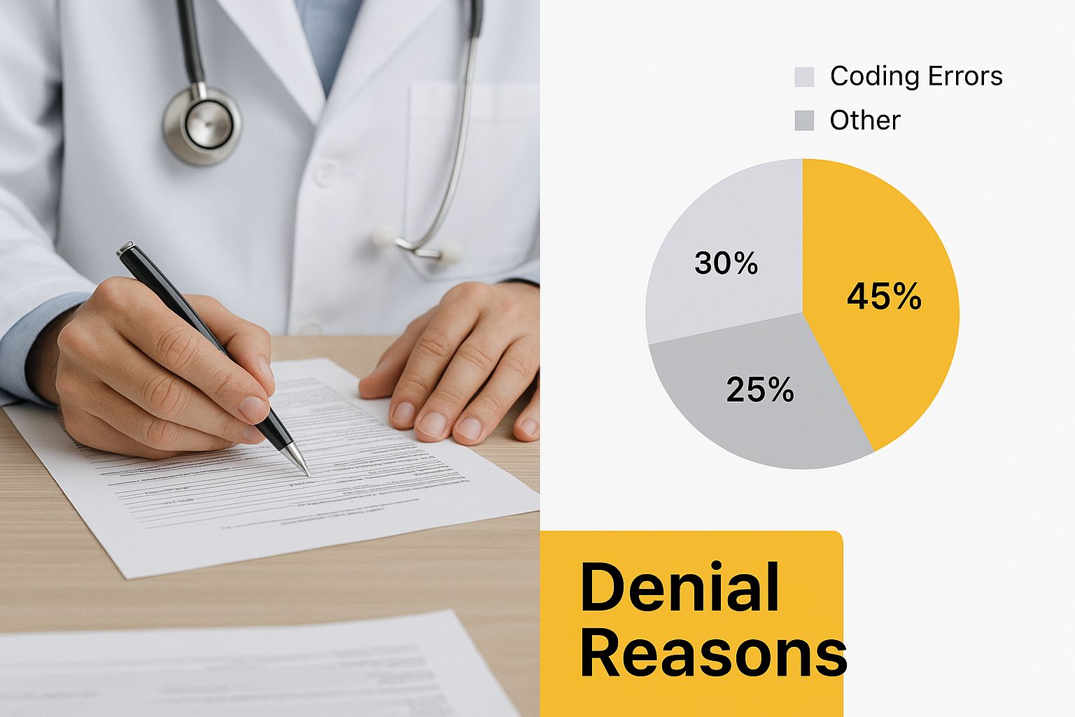 Infographic showing hands reviewing medical documents with a text overlay that reads 'Denial Reasons'.