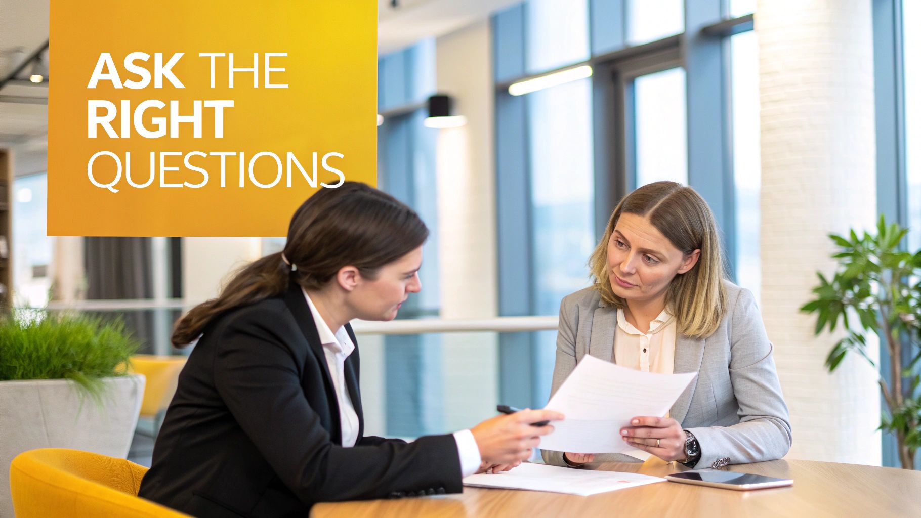 Two people in a professional setting having a discussion, representing an initial legal consultation.