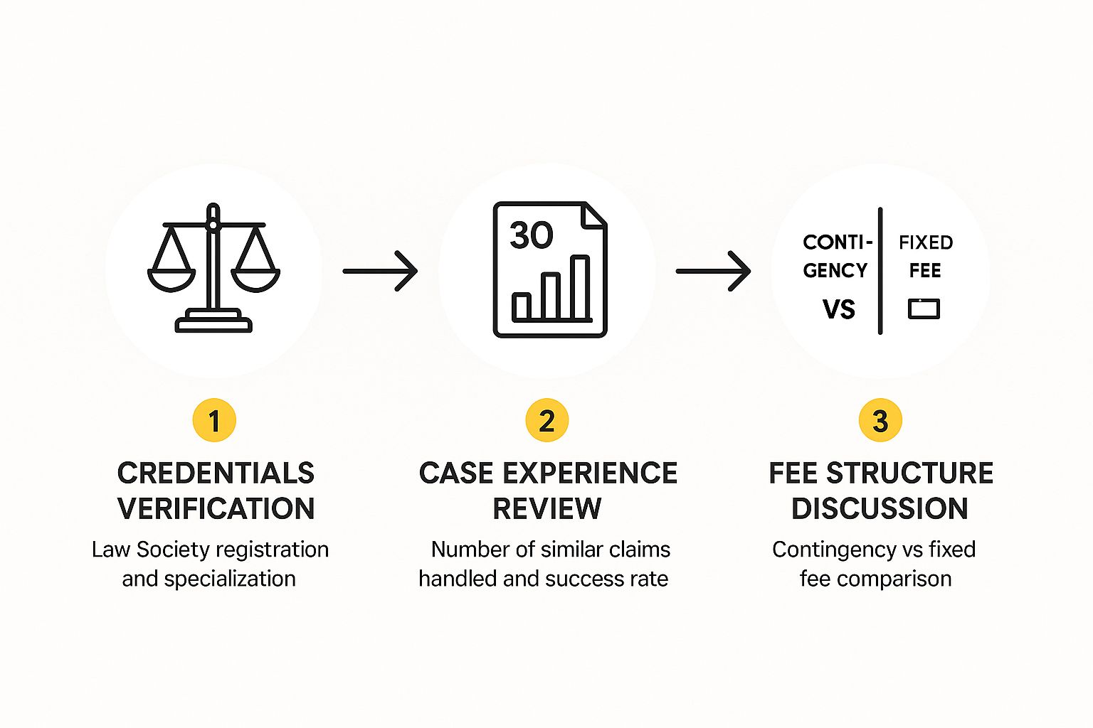 Infographic outlining the three-step process to vet a disability lawyer, including credentials verification, case experience review, and fee structure discussion.