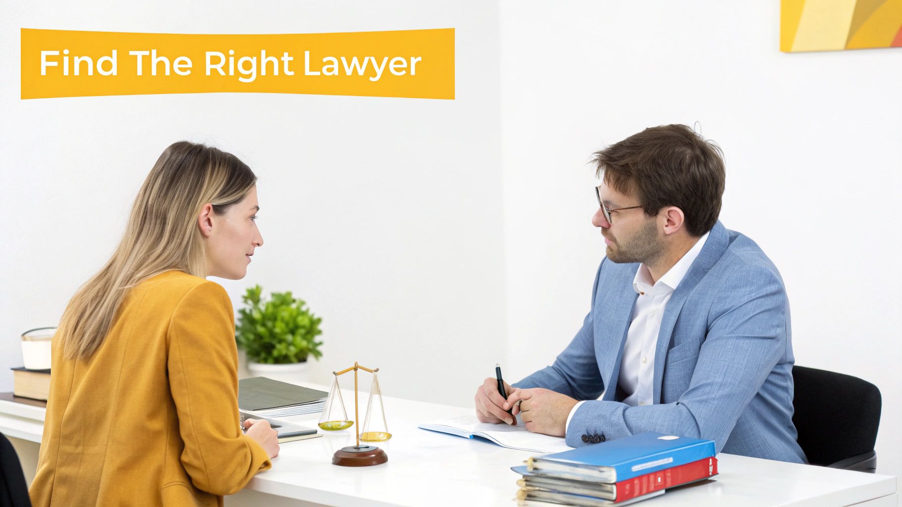 A lawyer and client having a serious discussion across a desk.