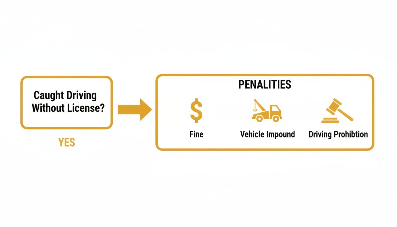 Flowchart showing that if caught driving without a license, the penalties include fine, vehicle impound, and driving prohibition.