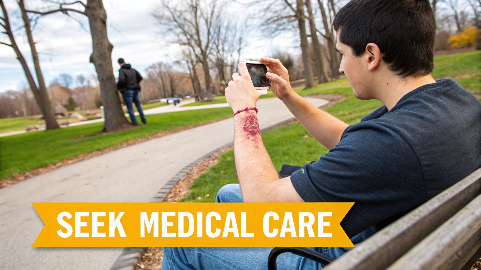 A person's bandaged arm resting on a table, symbolizing the aftermath of a dog bite.