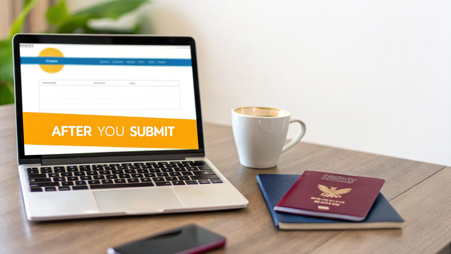 A laptop displays 'AFTER YOU SUBMIT' on screen, with a coffee cup, passport, and notebook on a desk.