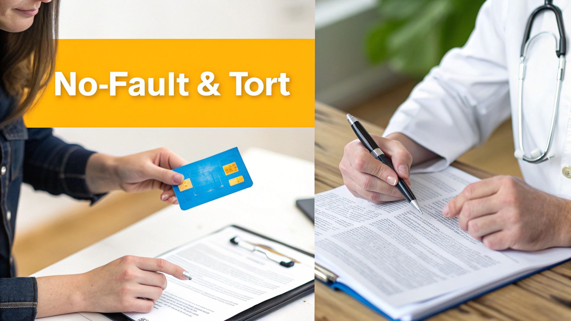 Hands reviewing a smart card and signing documents, with text 'No-Fault & Tort', relevant to legal claims.