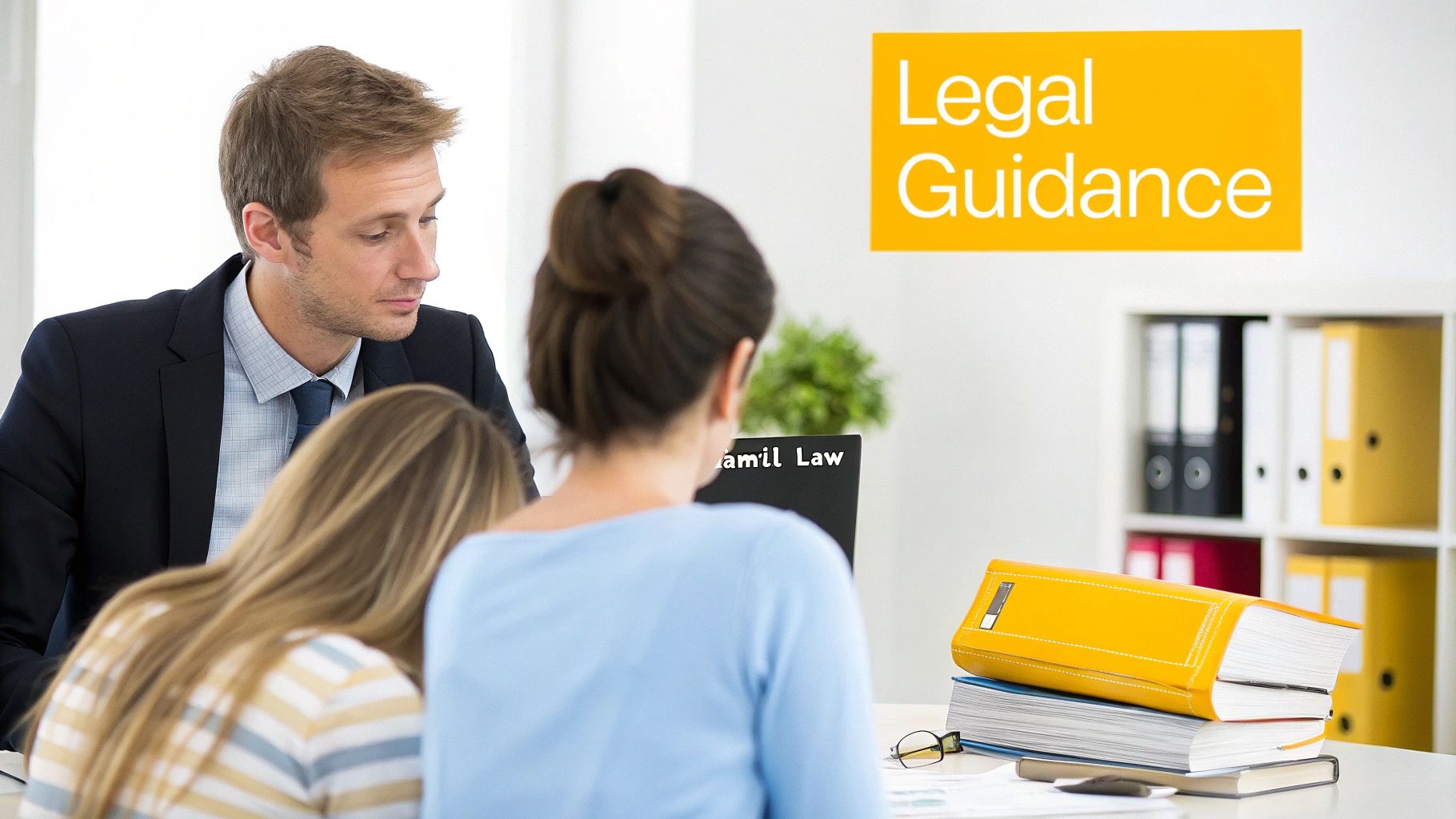 A male lawyer consults with two female clients in an office, with 'Legal Guidance' on the wall.