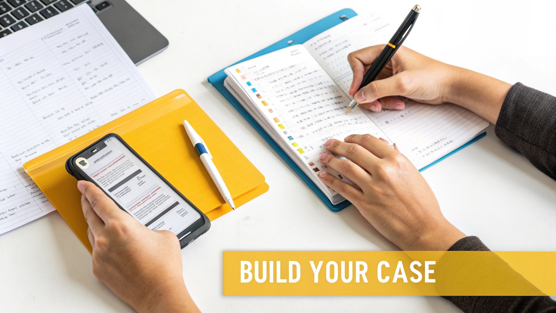 Hands write in a notebook and hold a smartphone, with papers and a laptop on a desk.