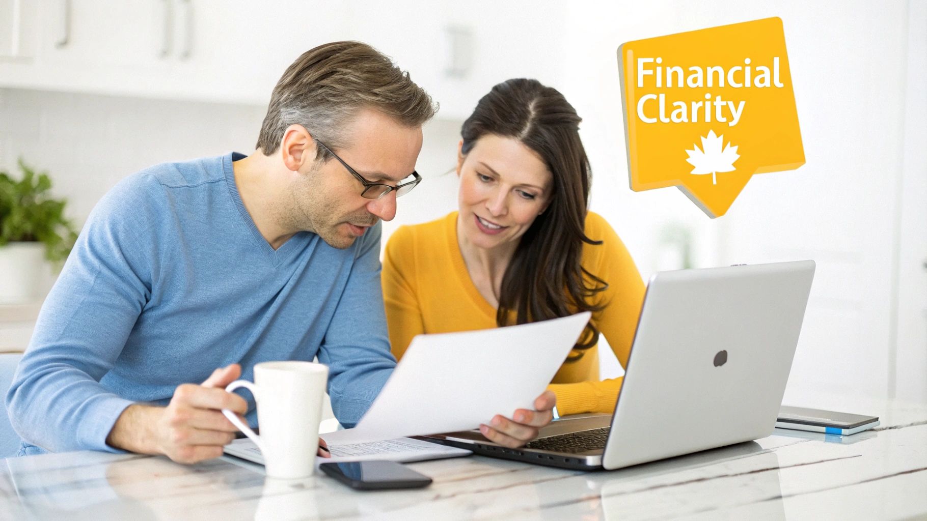 A couple reviews financial documents and a laptop, with a 'Financial Clarity' bubble.
