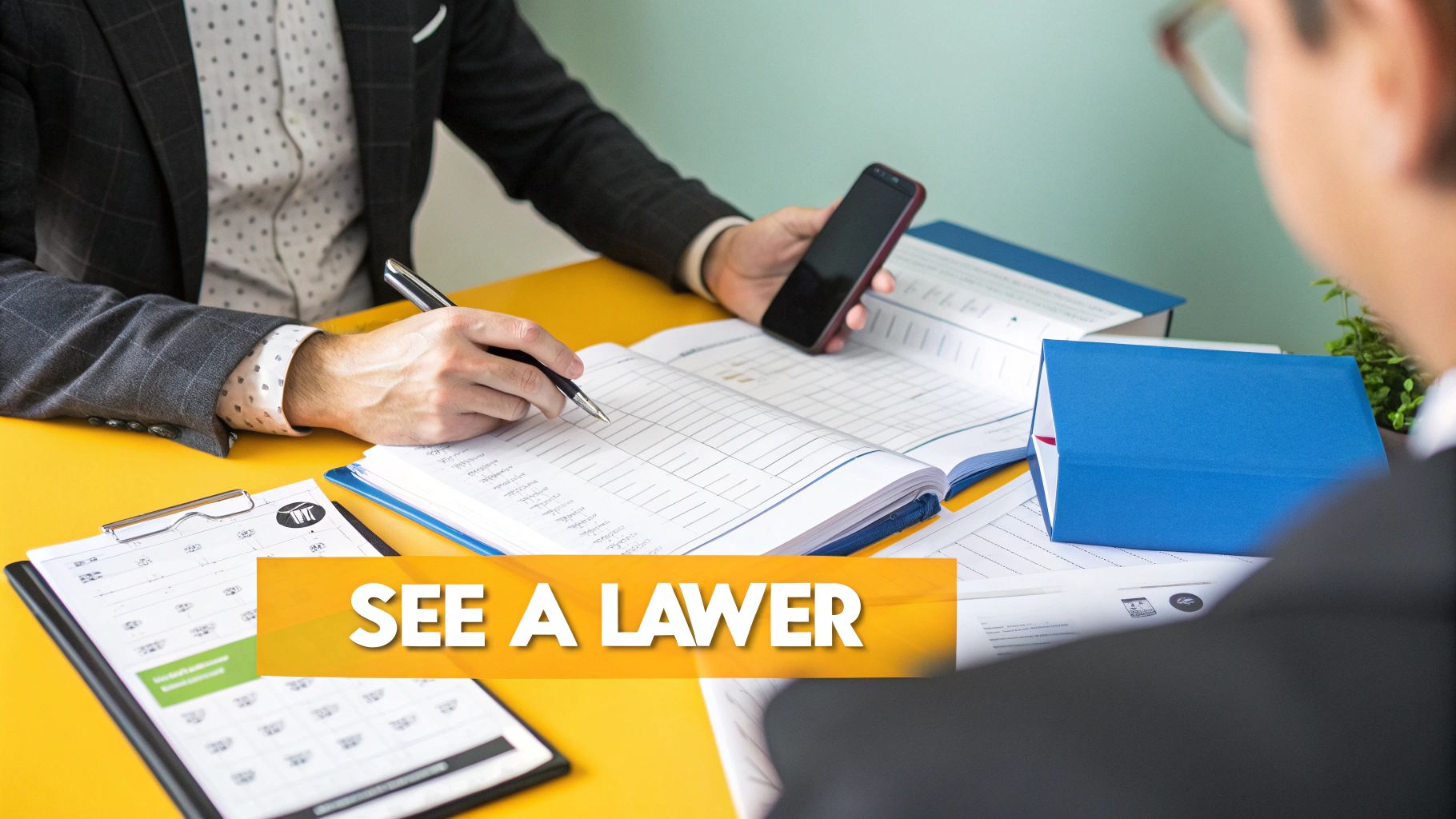 A person in a suit writes in a ledger and holds a smartphone during a professional consultation.