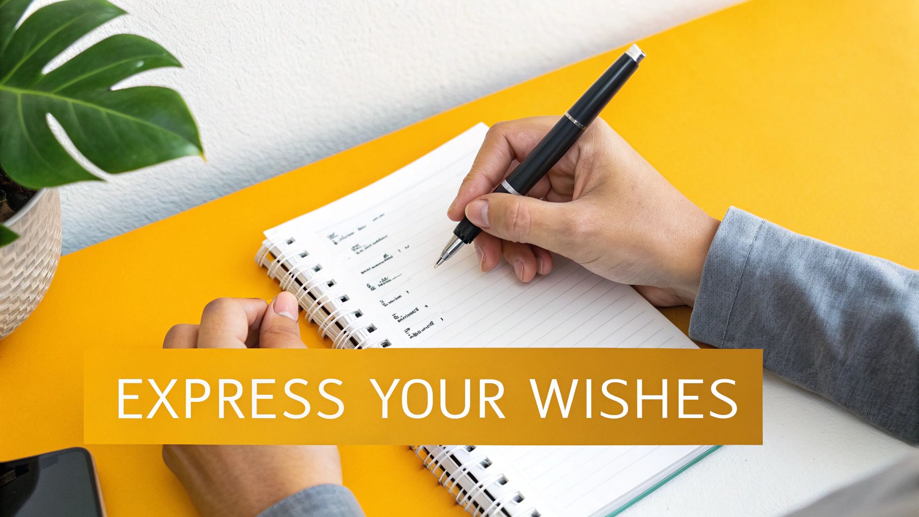 A person is writing down their wishes in a notebook on a vibrant yellow desk.