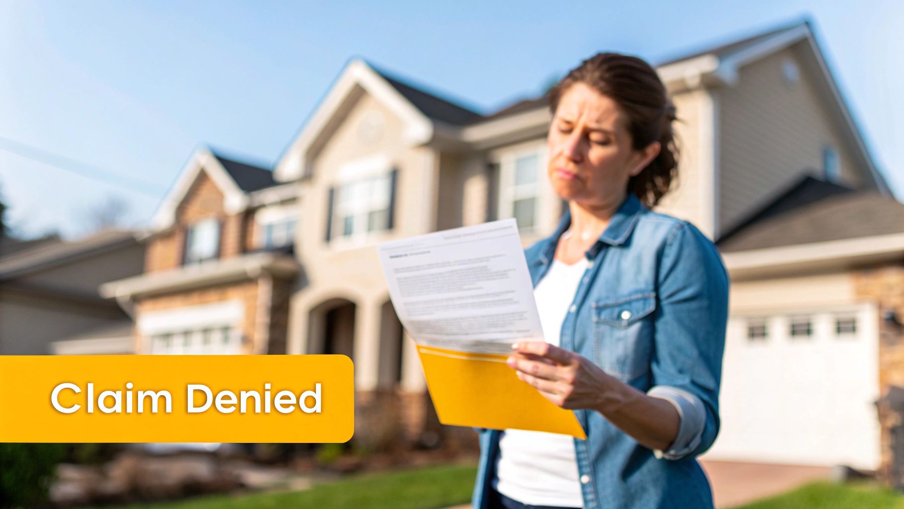 Woman reading denied homeowner insurance claim letter outside residential property looking concerned