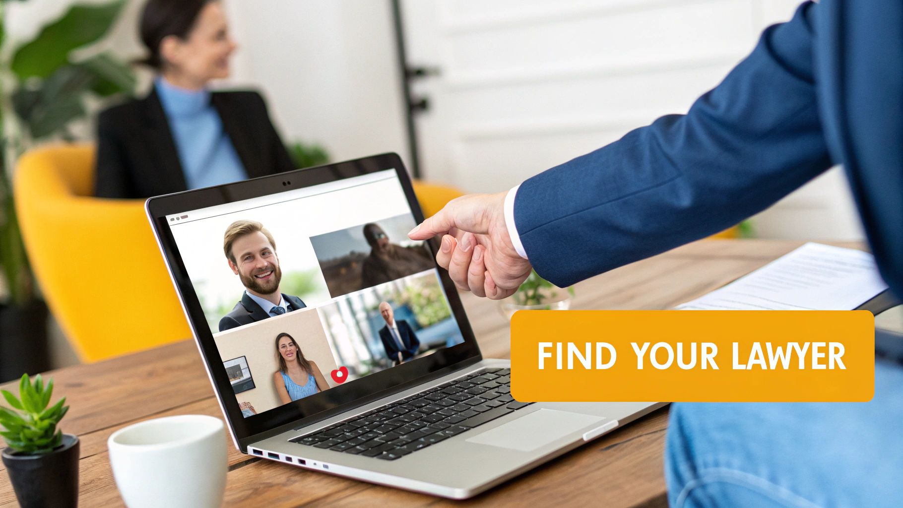 A person in a suit points to a laptop showing video call profiles of lawyers, with a 'FIND YOUR LAWYER' button.