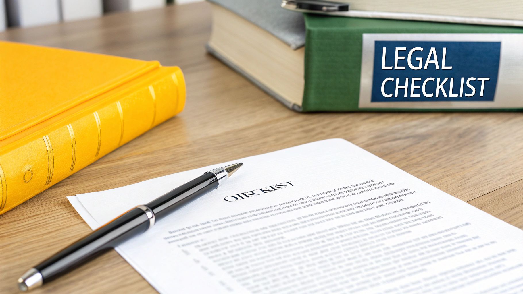 A legal desk setup with books, a pen, and a checklist document on legal matters.