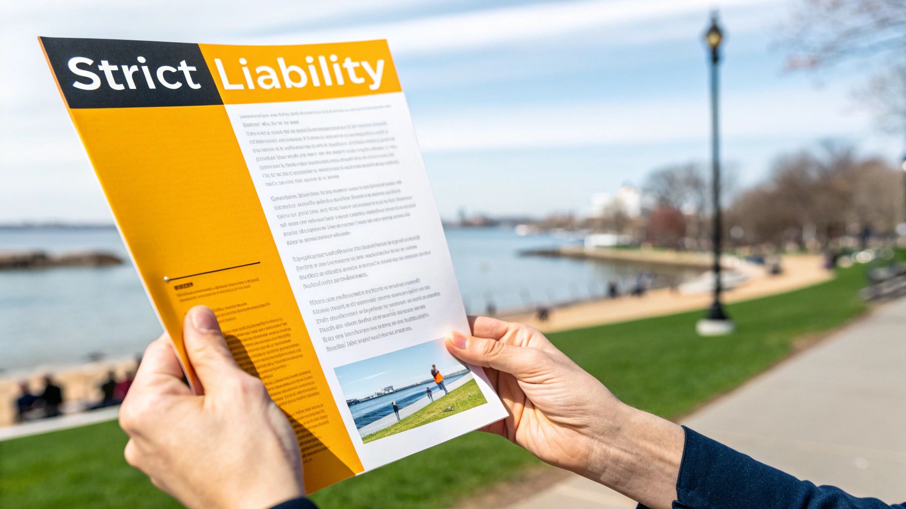 A large, dark-coloured dog on a leash looking up at its owner in a park setting.