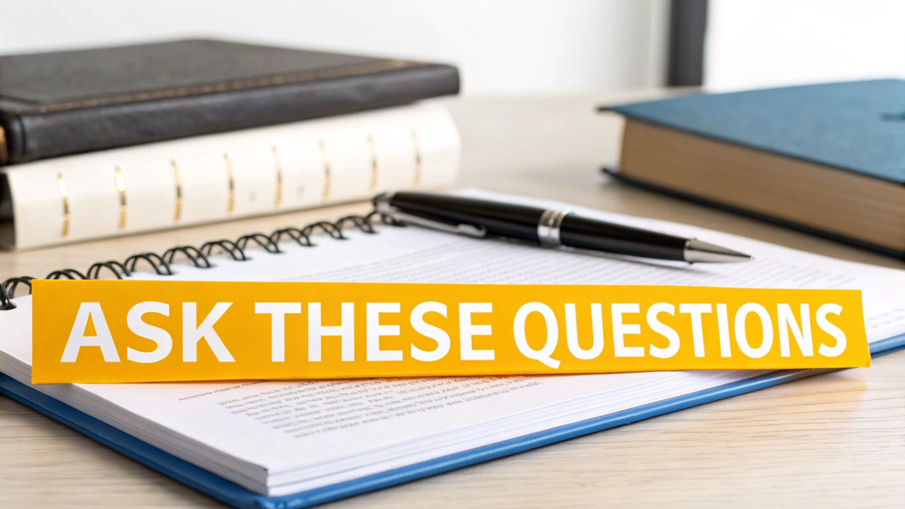 Open notebook with pen and books on desk featuring bold text ask these questions