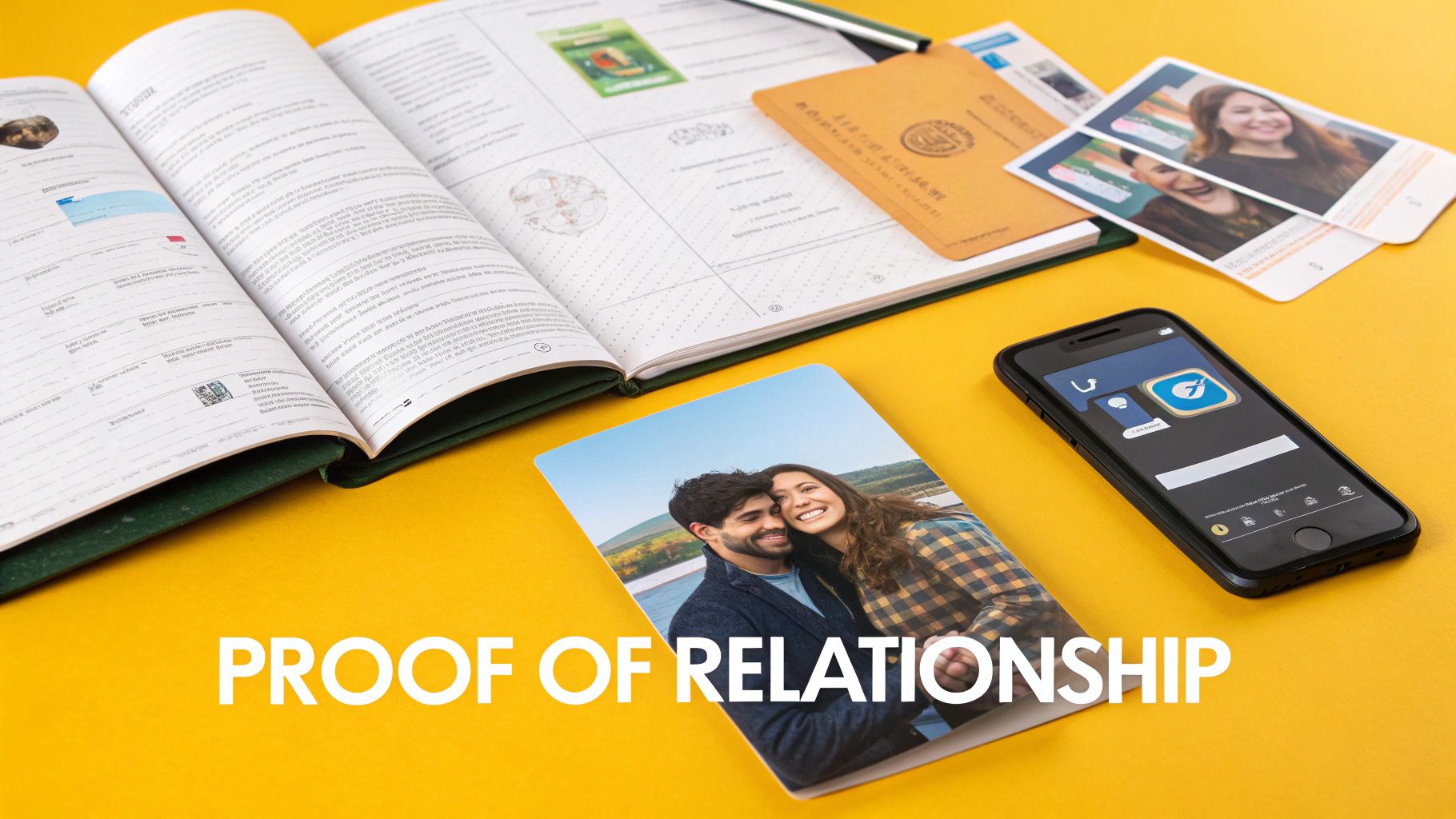 Various documents, photos of couples, and a smartphone on a yellow background, symbolizing proof of relationship.