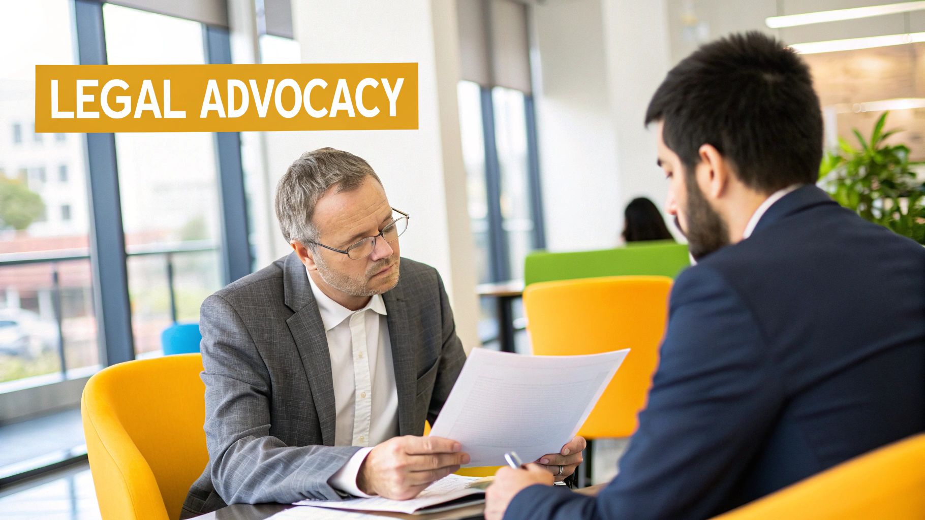 A legal professional reviewing documents with a client in a bright, modern office.