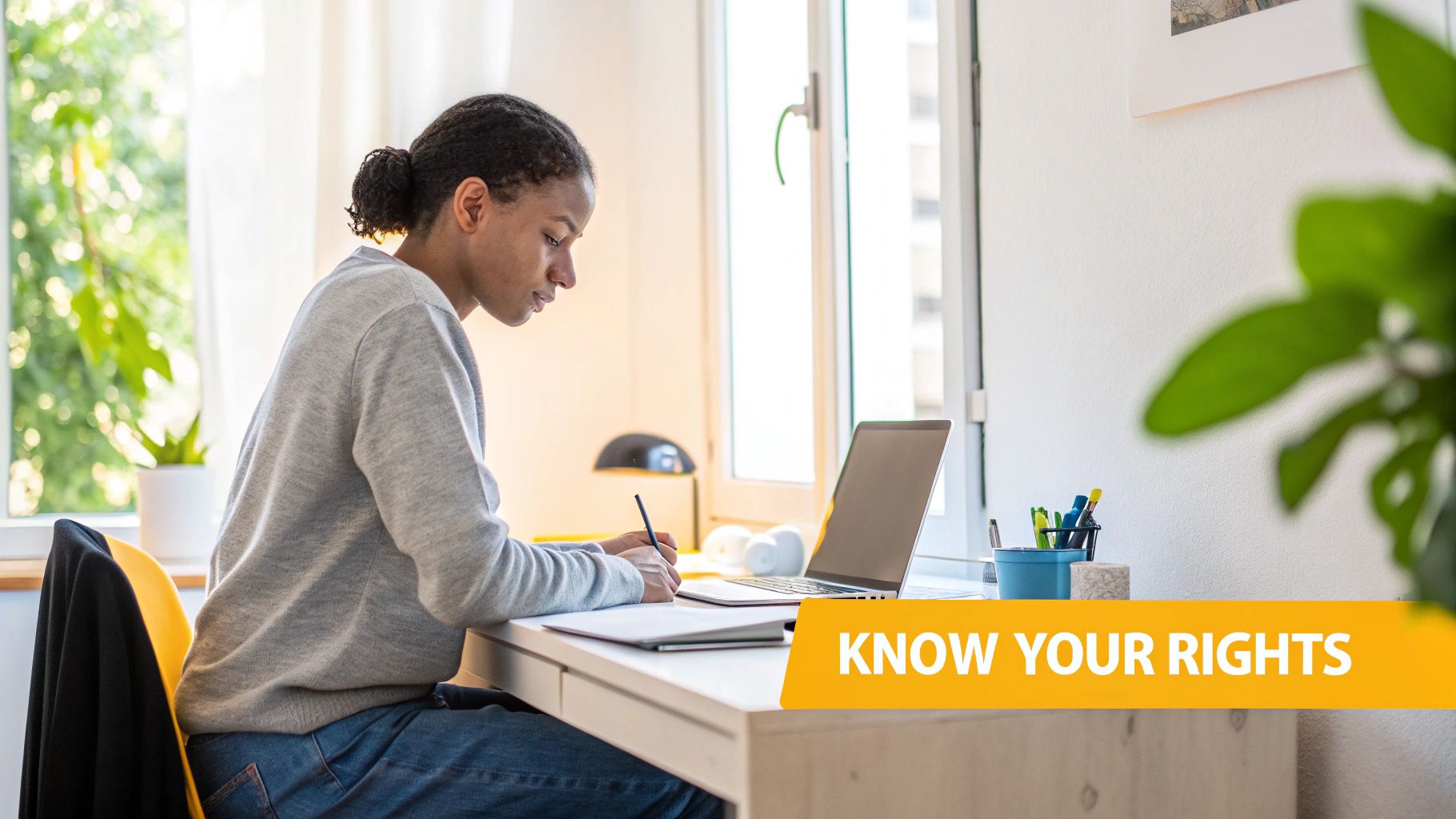 Young person diligently writing at a desk, surrounded by a laptop, plants, and natural light.