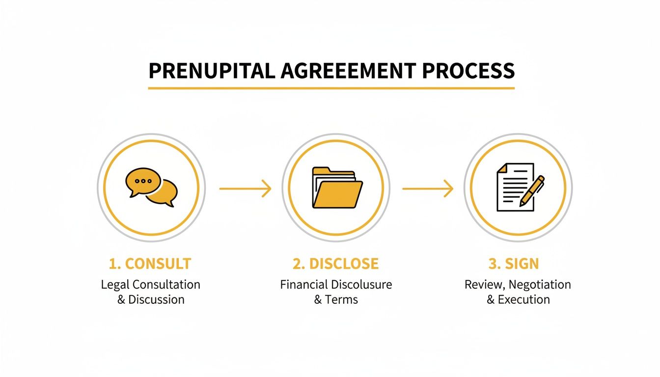 Infographic showing the three-step prenuptial agreement process: Consult, Disclose, and Sign.