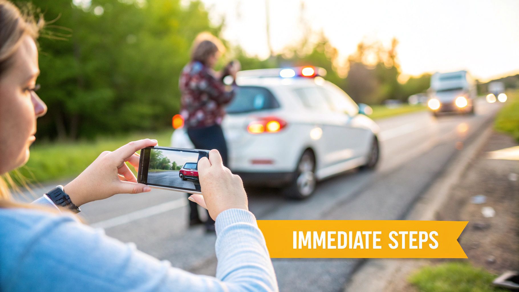 A person photographs a car accident scene with a smartphone, showing a police car and another individual.