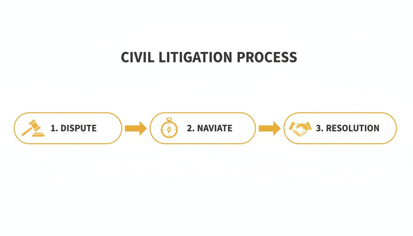 A diagram illustrating the three steps of the civil litigation process: dispute, navigate, and resolution, with corresponding icons.