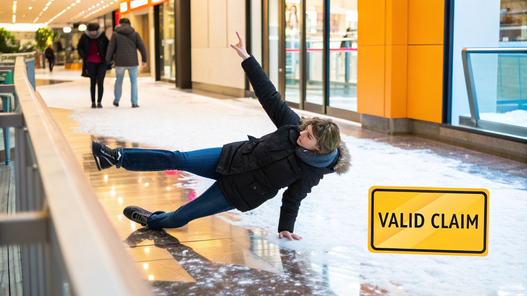 A person slipping on a wet floor next to a caution sign.